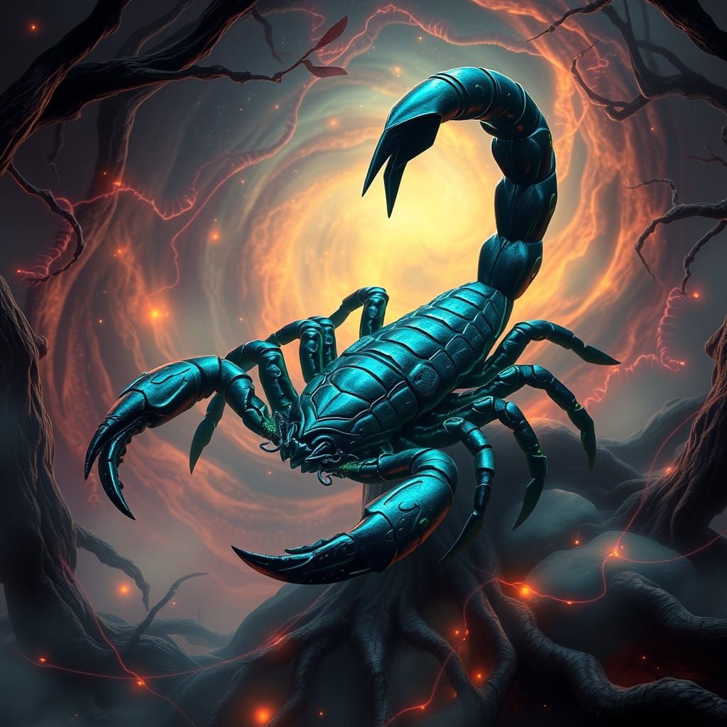 Majestic Scorpio Zodiac Embodiment in a Dark, Iridescent Rea...