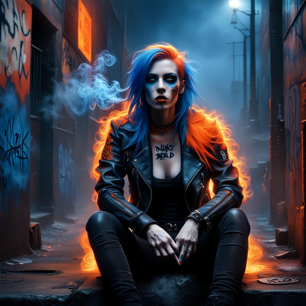 Punk Girl in Foggy Alley, Grimdark Fantasy Art
