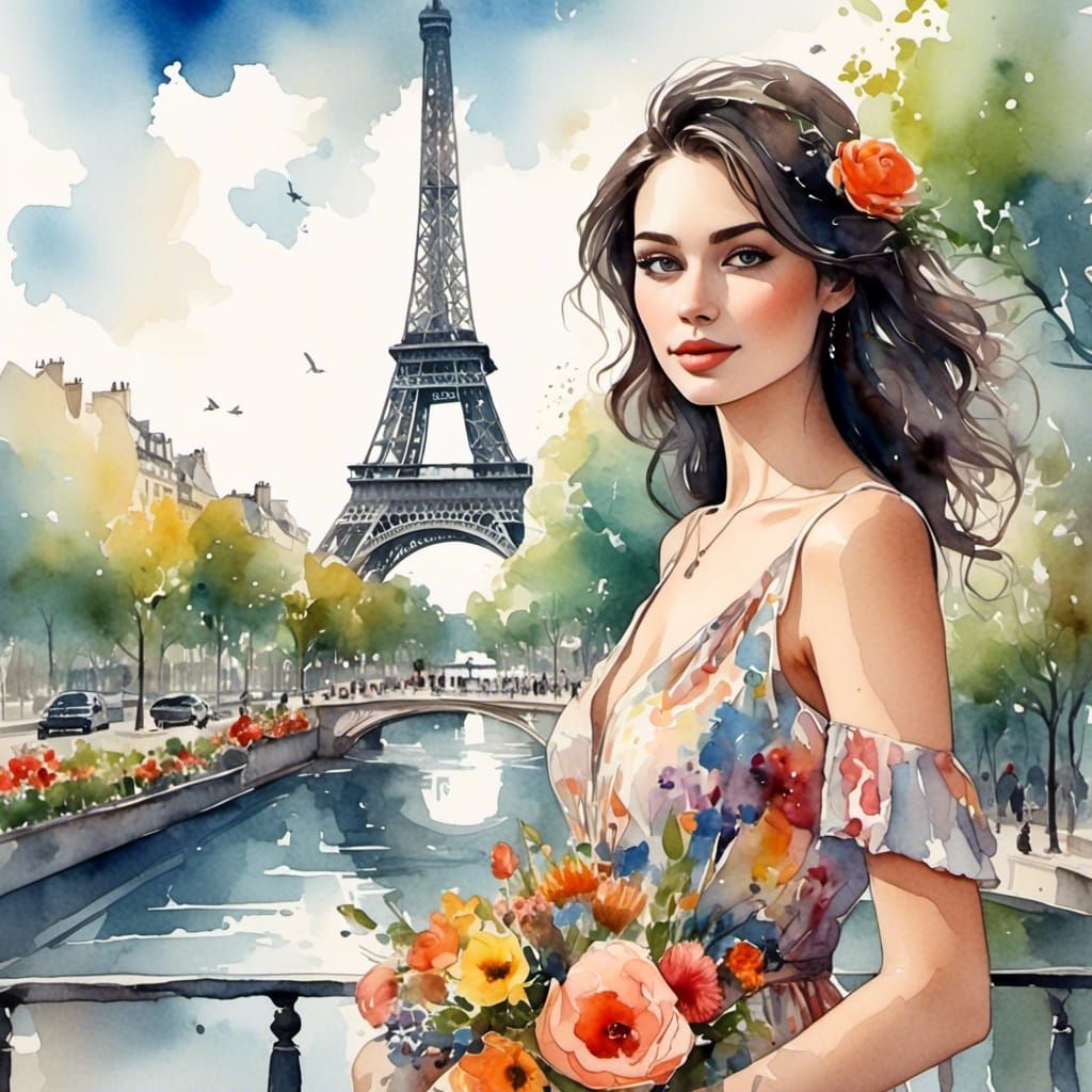 Woman with Flowers Walking in Paris as Watercolor