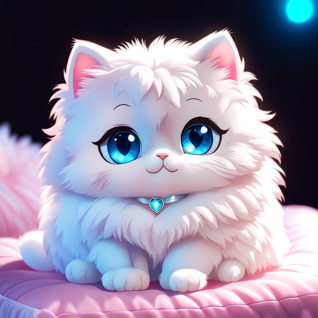 Cute Chibi Cat with Blue Eyes on Pink Cushion