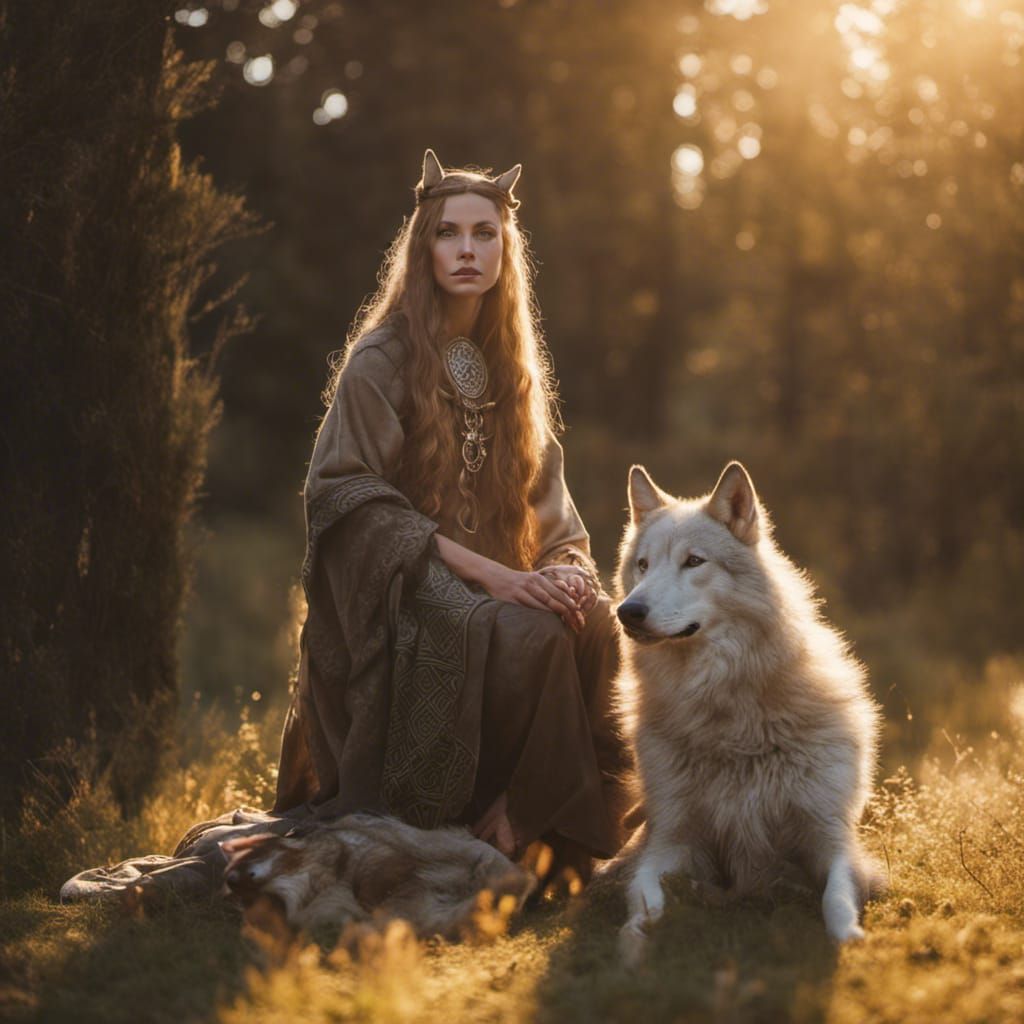 Celtic Druid and Wolf in Golden Hour