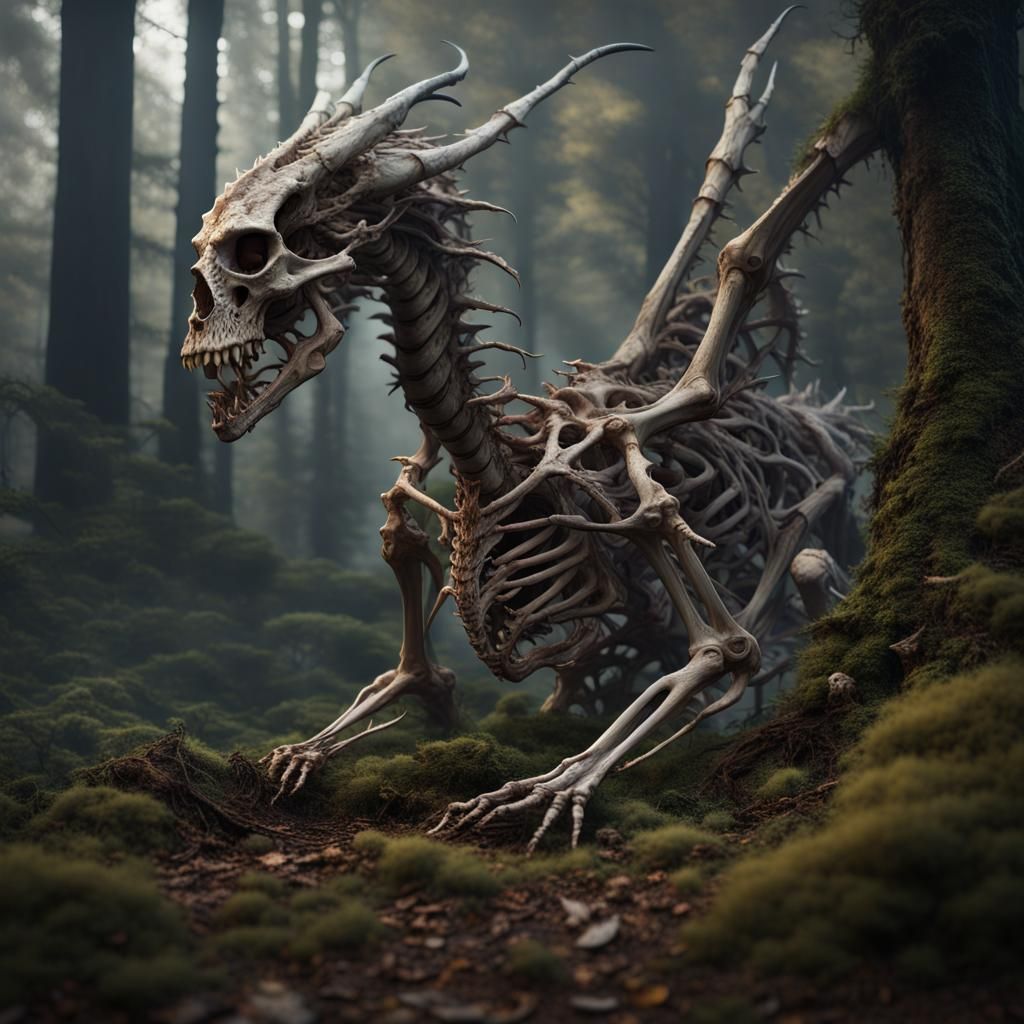 Ethereal Dragon Skeleton Dissolving in Forest Clearing
