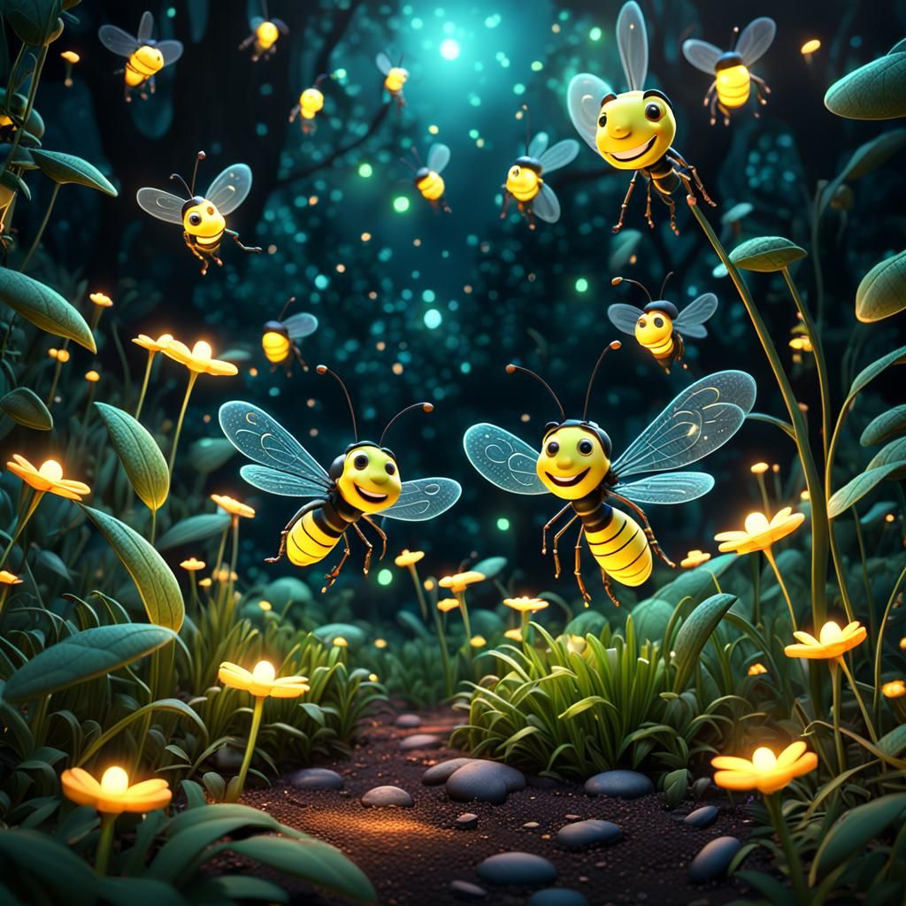 Happy Cartoon Fireflies in a dark Garden