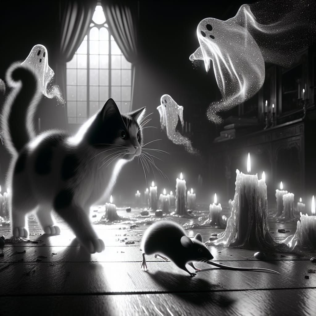 Black and White Cat Hunts Mouse in Haunted House