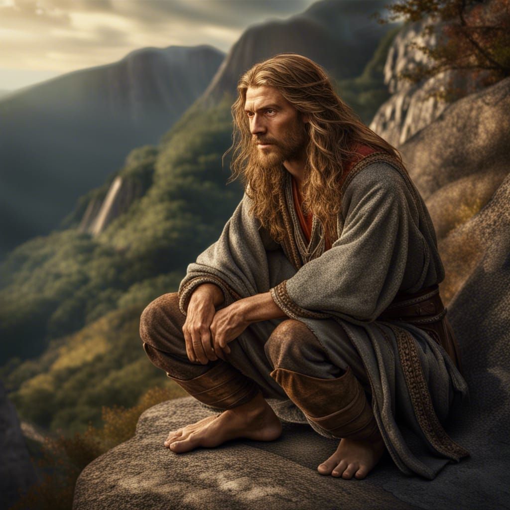 Hyperrealistic Medieval Man on Mountain Ledge