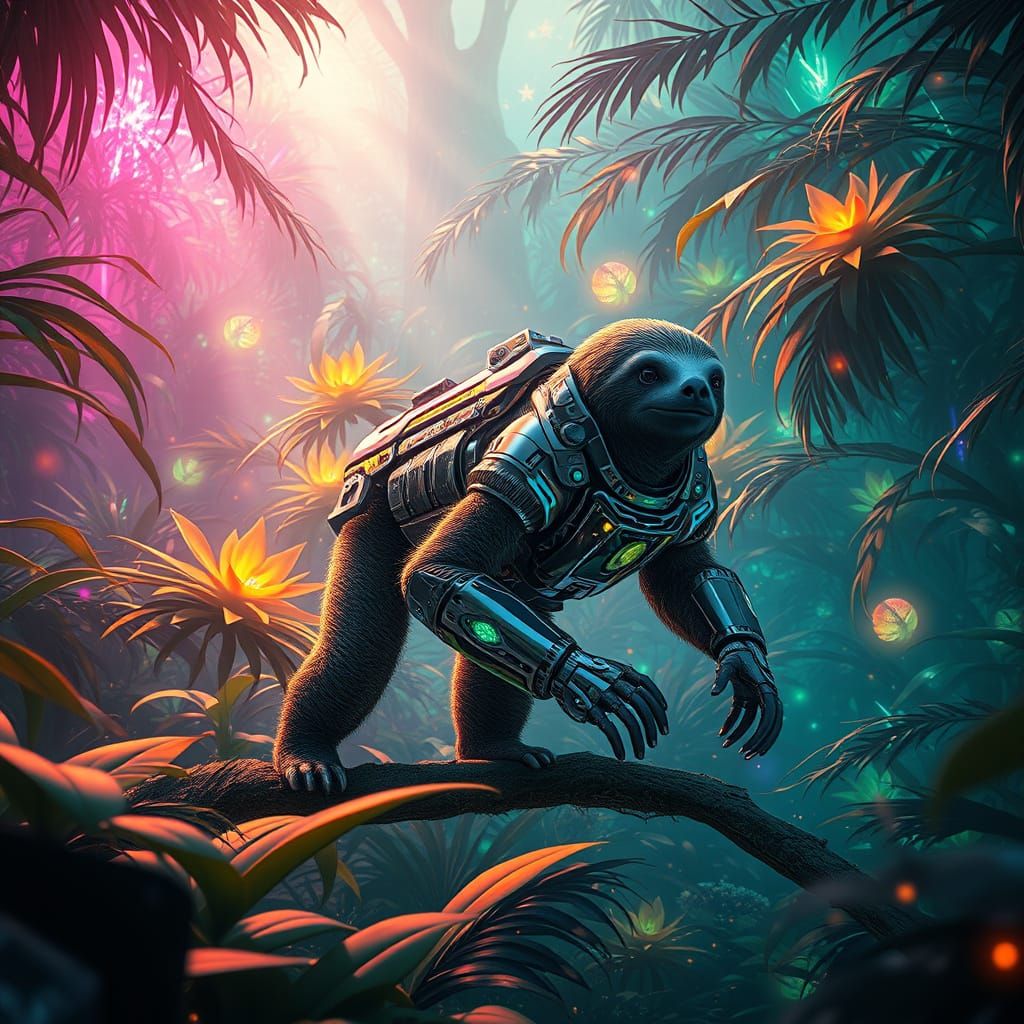 Futuristic Sloth in Cyberpunk Bioluminescent Jungle