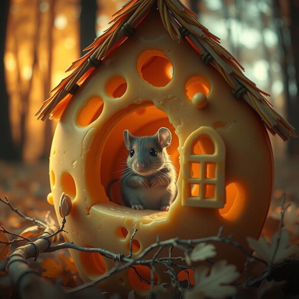 Whimsical Cheese House in Autumn Forest at Sunset