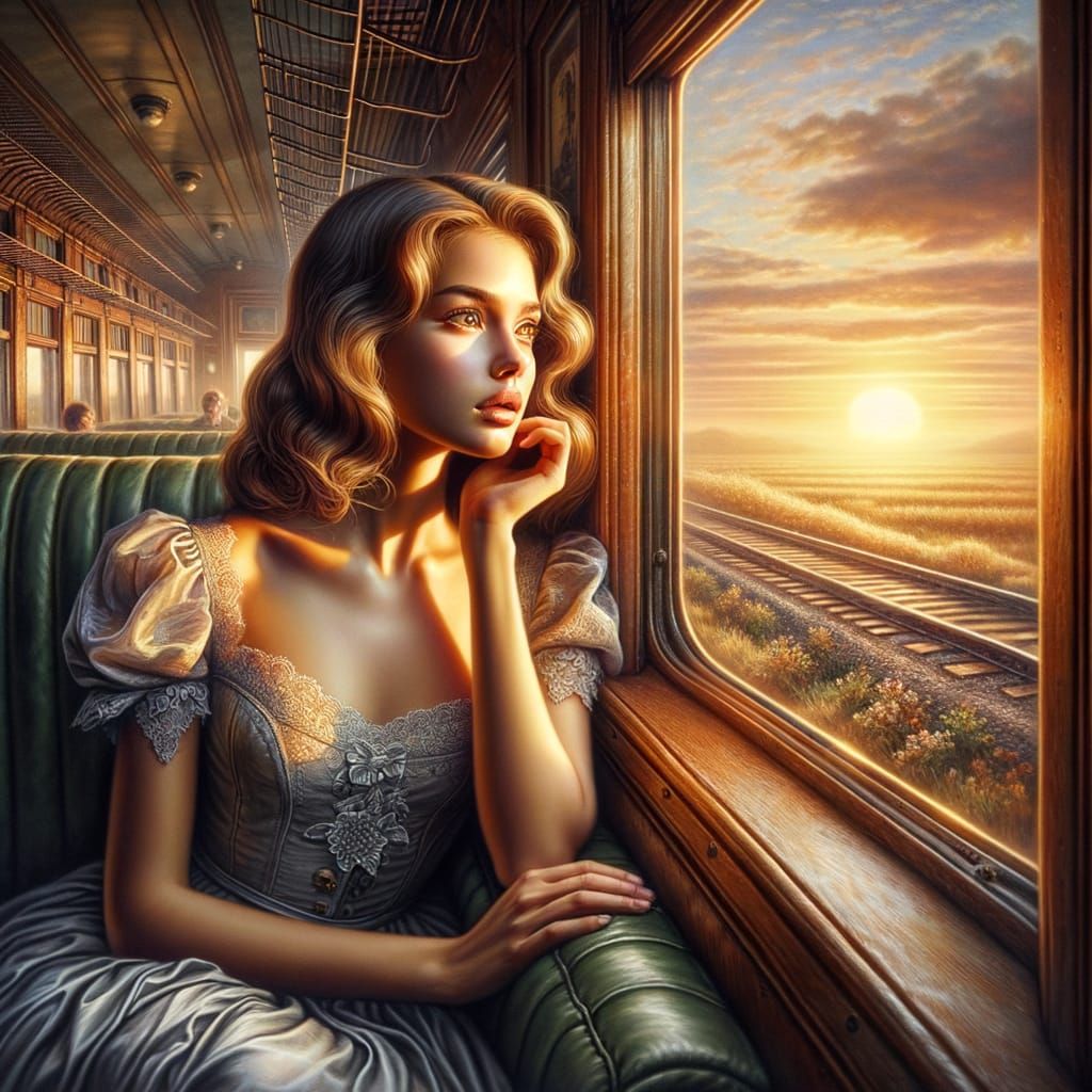 Ethereal Woman Gazing Longingly at Sunset Landscape