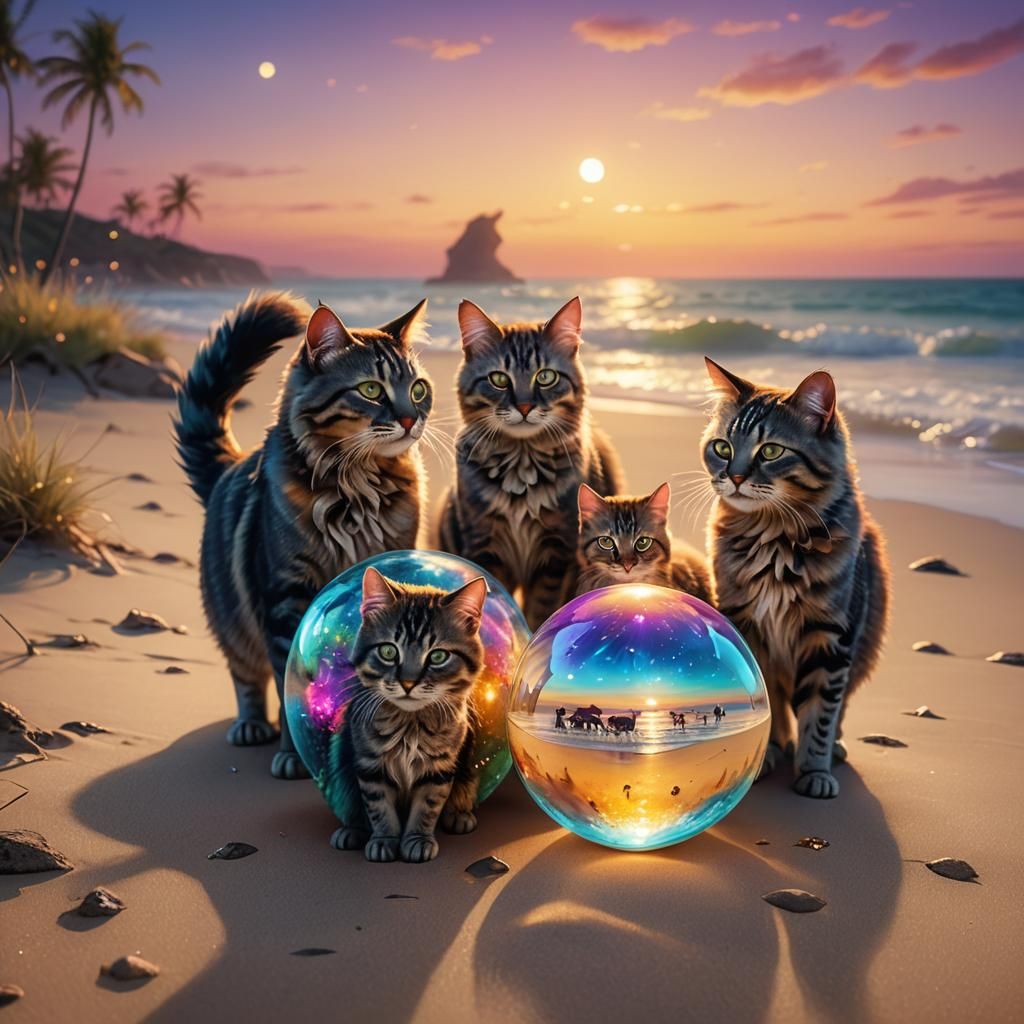 Glass Cat Family in Orb on Mystical Beach