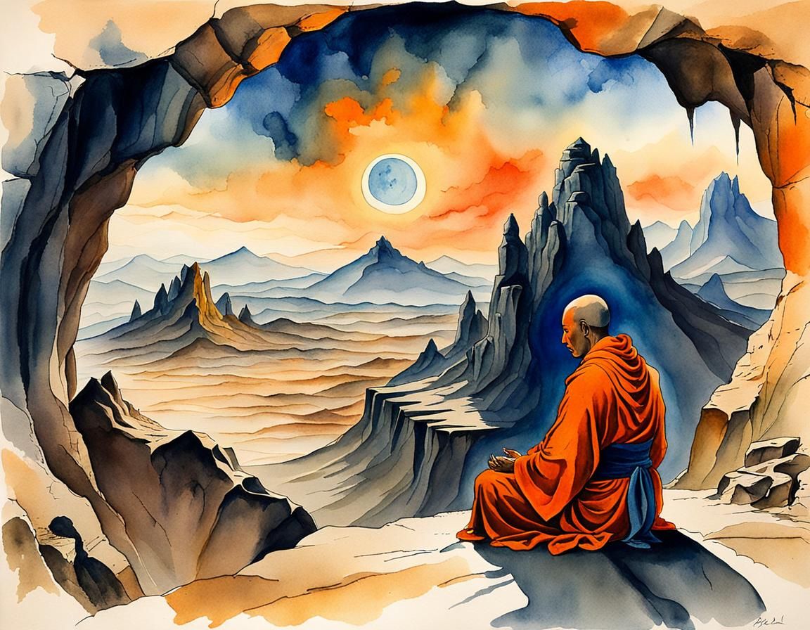 Monk Meditates in Cave: Surreal Watercolor Illustration