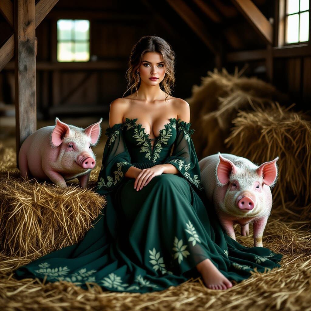 Woman in Leaf Dress with Pig in Barn, Cinematic Lighting