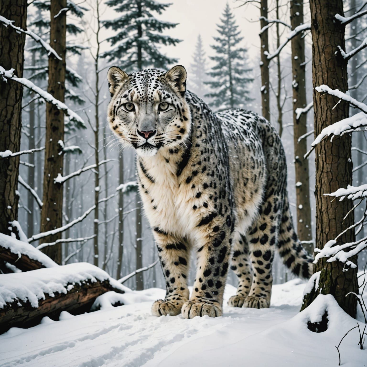 Snow Leopard in Winter Forest Ink Drawing
