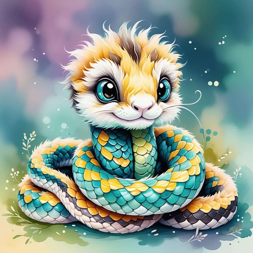 Fuzzy Baby Snake in Digital Watercolor Style