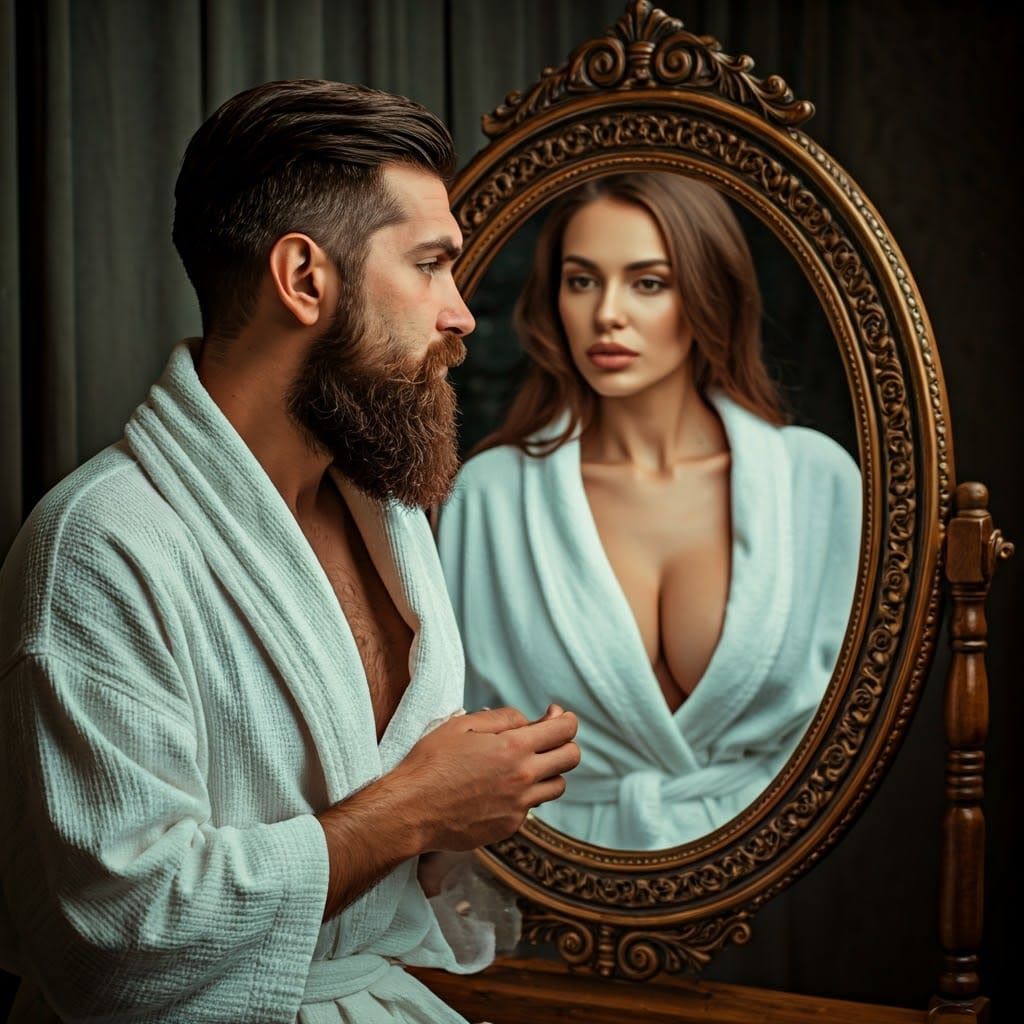 Man Sees Woman's Reflection in Mirror