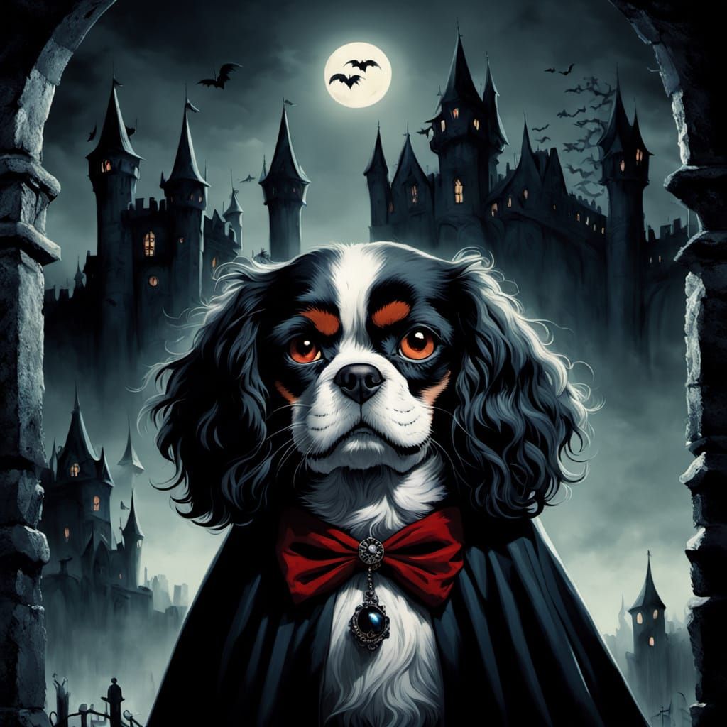 Gothic Vampire Cavalier King Charles Spaniel in Castle