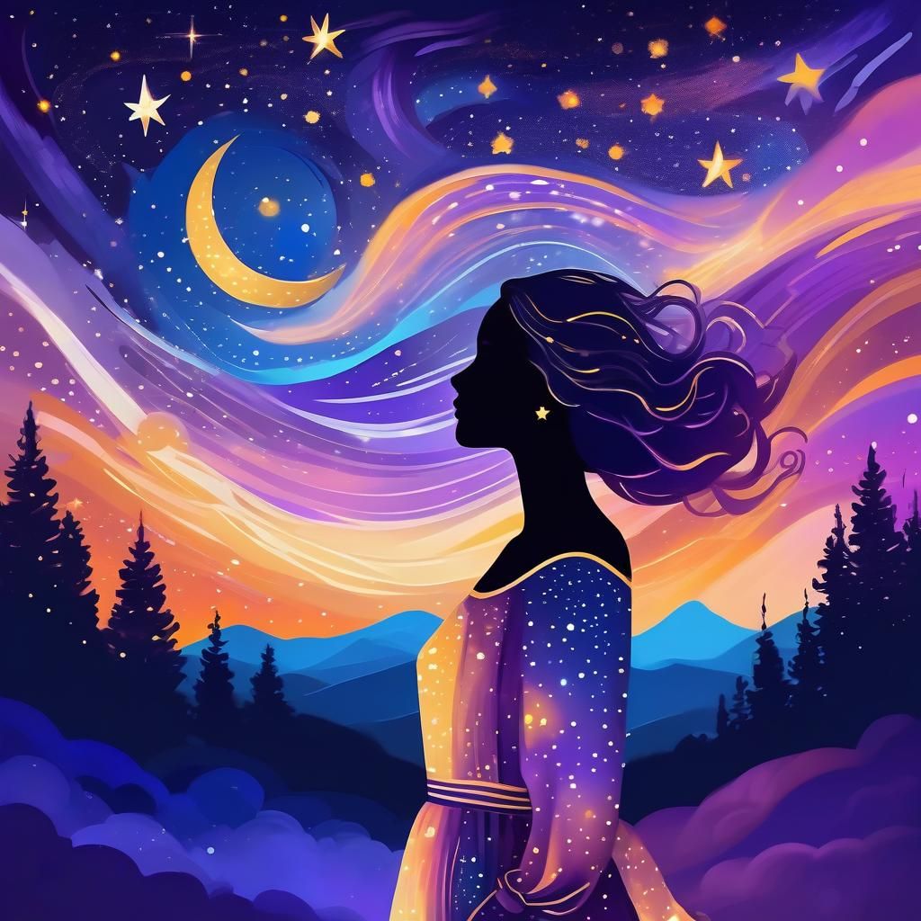 Ethereal Woman Shines Under Starry Night Sky