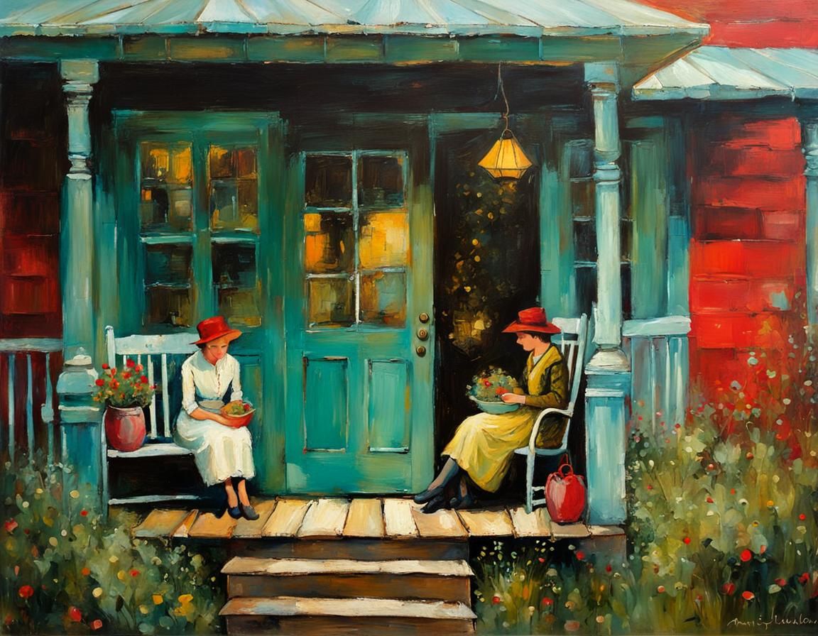 Encaustic Porch Julep Painting in Naive Style