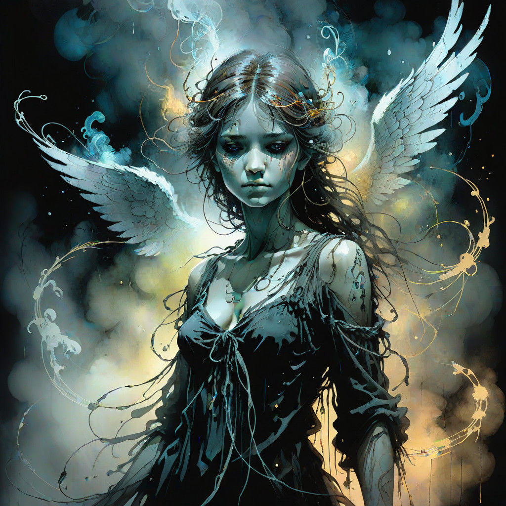 Mystical Angel Seeks Refuge in Eerie Dark Fantasy Landscape