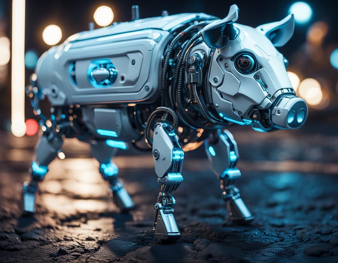 a single bioluminescent  neon White mechanical robot  miniat...