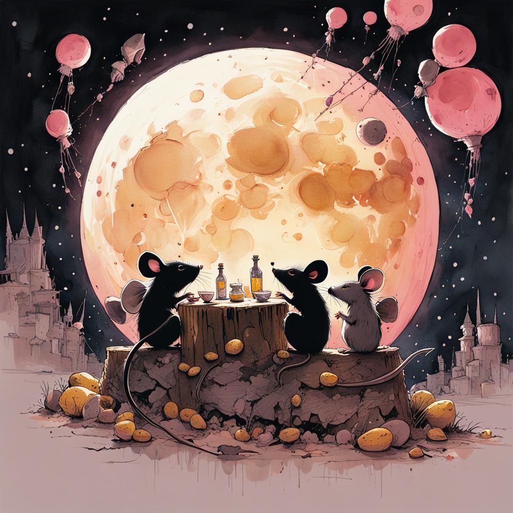 Mice Feast on Cheese Moon in Watercolor Splash Art