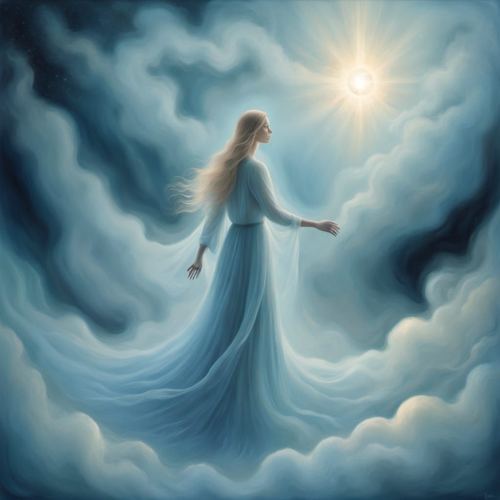 Ethereal Figure Surrendering to Cosmic Force in Surreal Land...