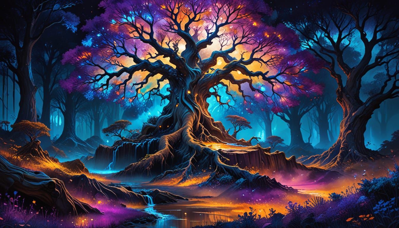 Fantastical Landscape Under Ancient Tree in Vibrant Alcohol ...