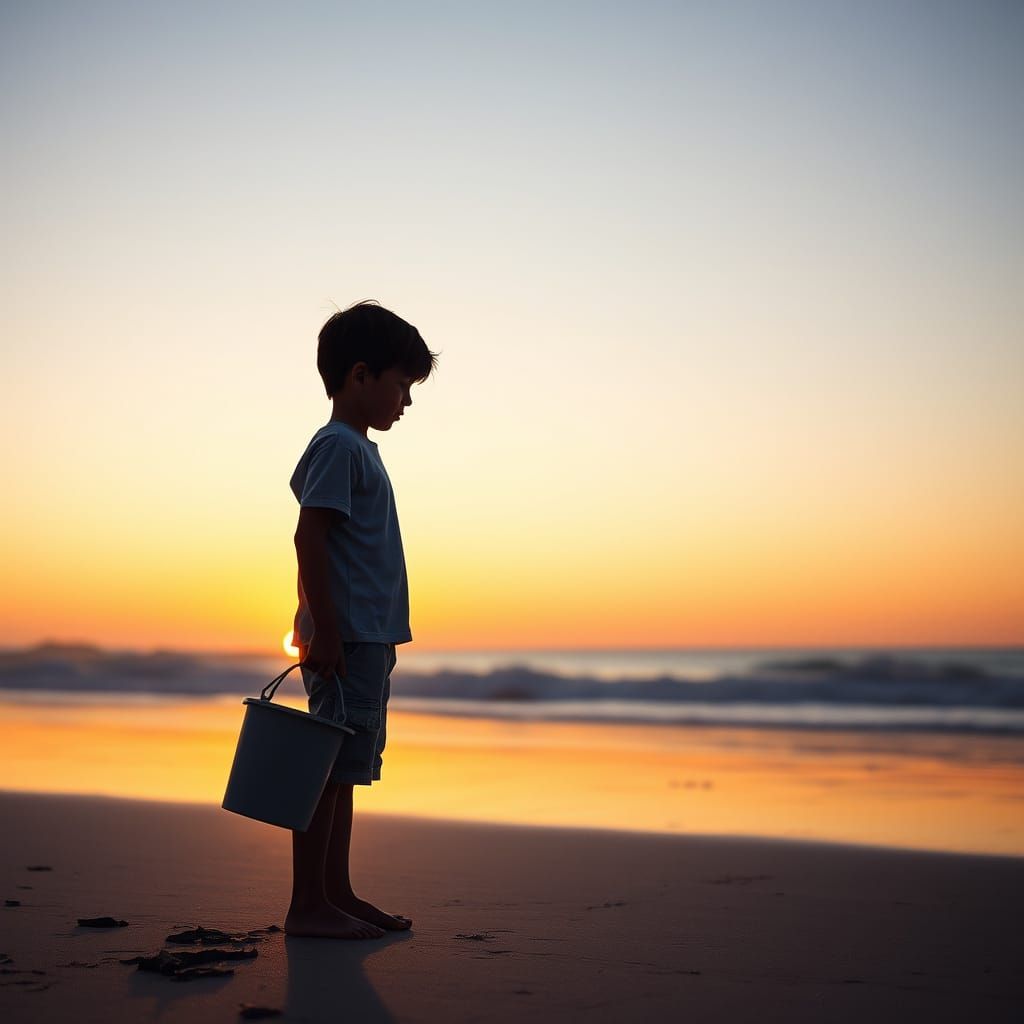 Serene Morning Boy, Beachside Silhouette