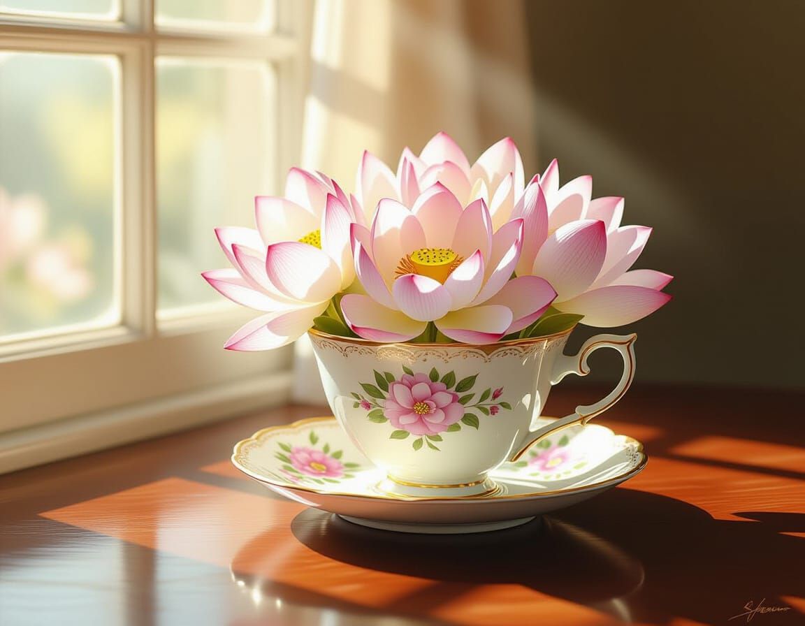 Antique Teacup with Lotus Flowers in Soft Morning Light