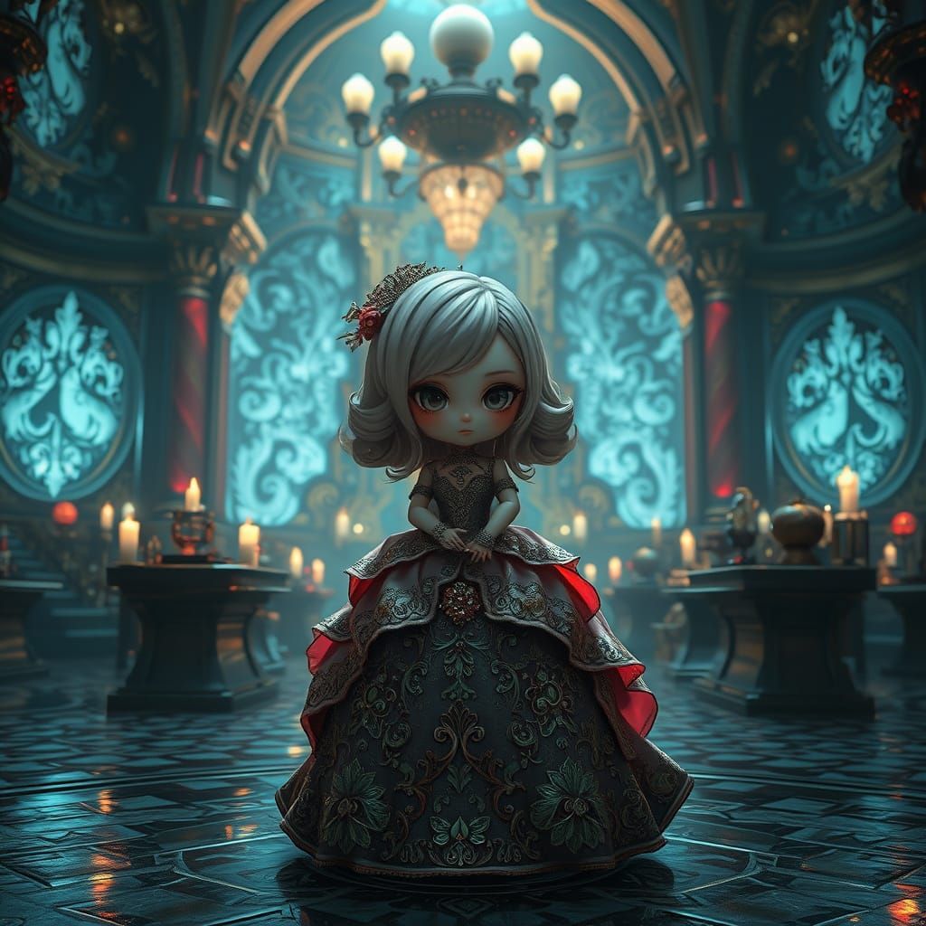 Elegant Chibi Girl in Dark, Ornate Futuristic Gown