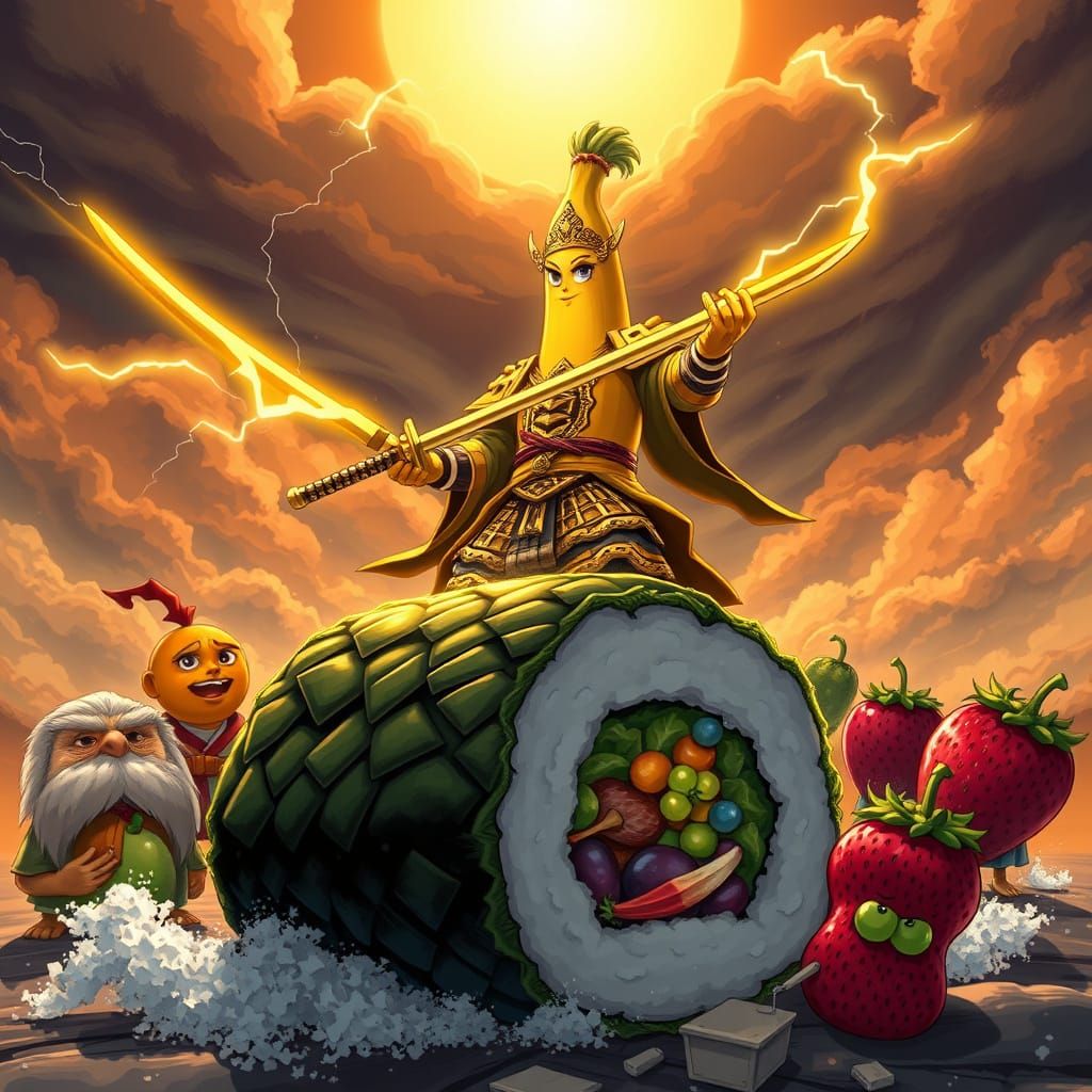 Heroic Banana Samurai Wields Lightning Katana on Giant Sushi...