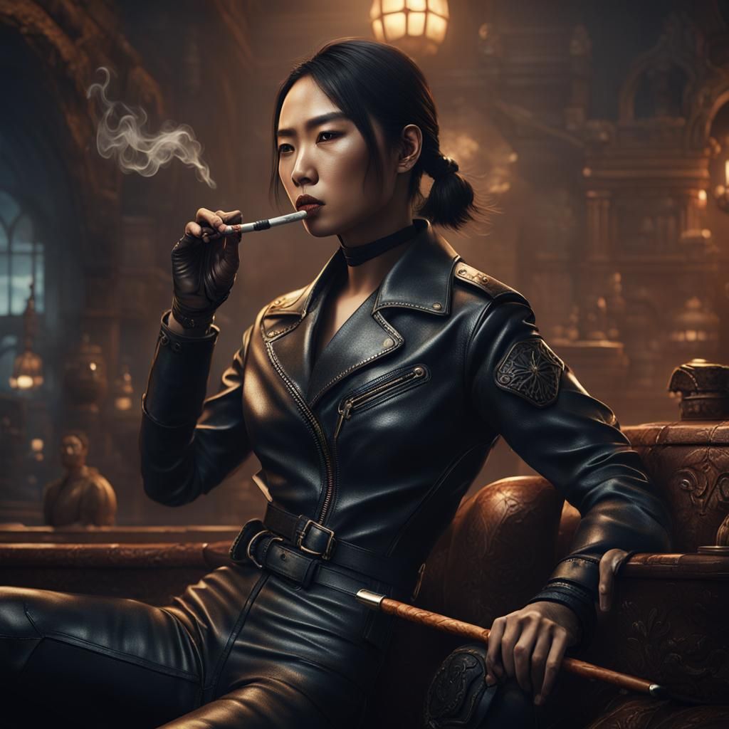 Tough Asian Woman in Leather Bodysuit - Matte Painting