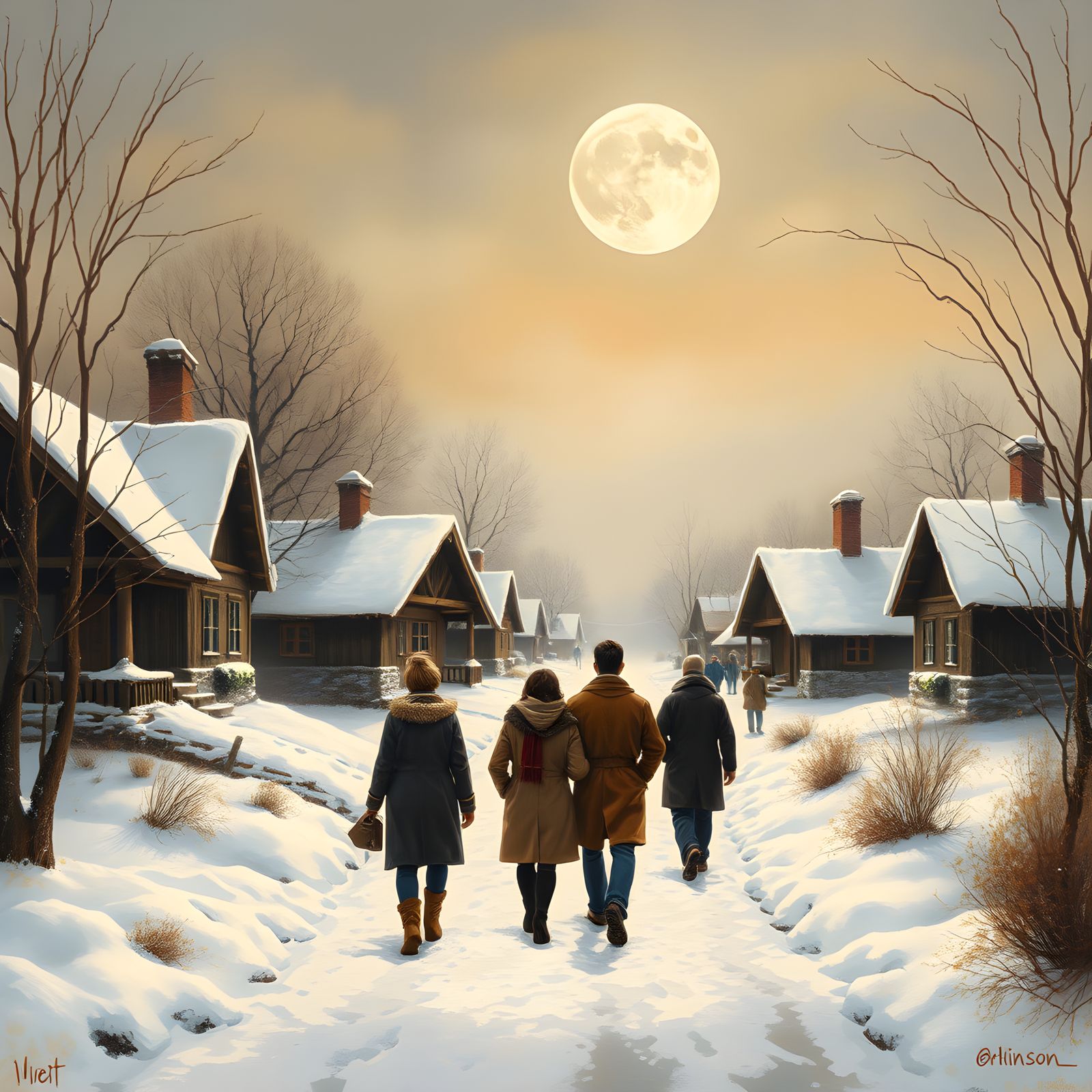 Snowy Autumn Village Under Moonlight