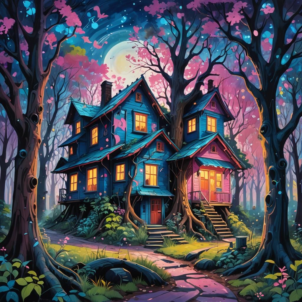 Magical Forest House in Vibrant Street Art Style
