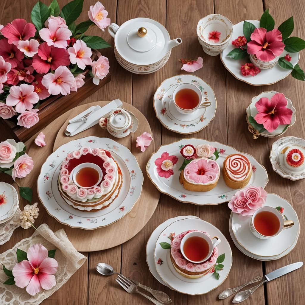 Elaborate Tea Setting with Hibiscus Cake Roll