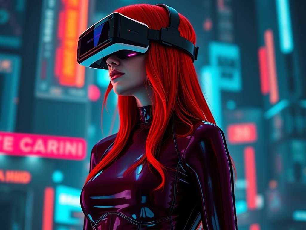 Woman with very long red hair and body covered in latex hypnotized with virtual reality glasses on her eyes