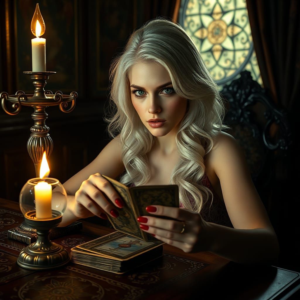Mystical Woman Reading Tarot Cards in Gothic Setting