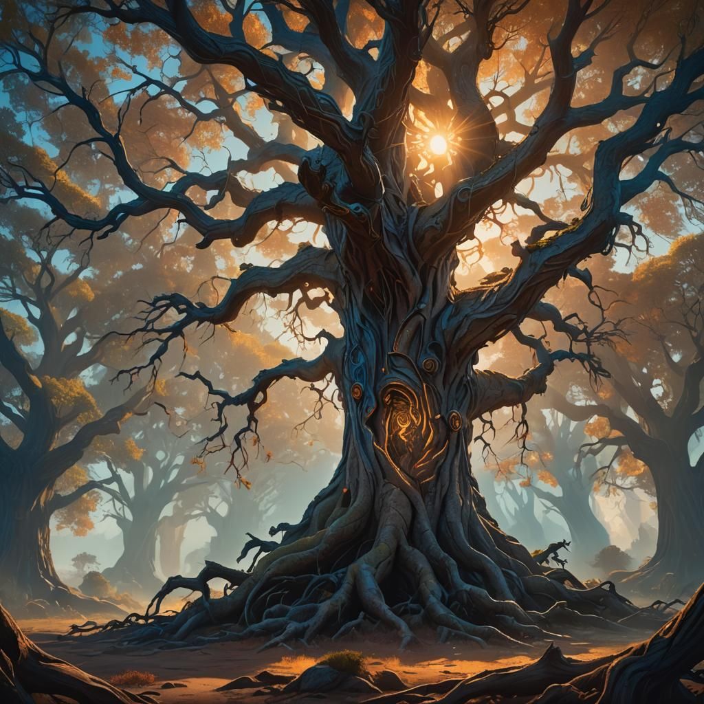 Ancient Tree of Wonder in Sunset's Warm Glow