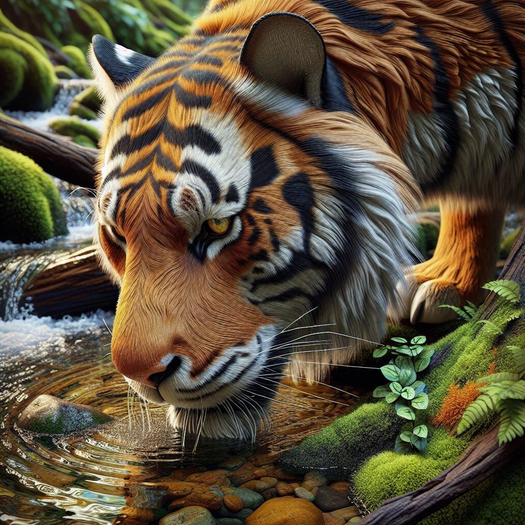 Majestic Tiger Drinking from Forest Stream