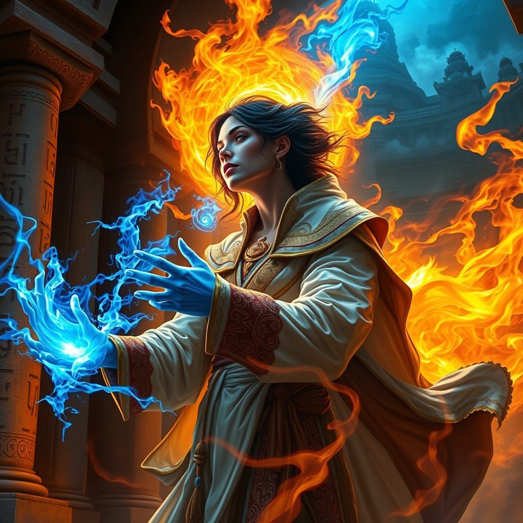 Sorceress Conjures Blazing Magic Within Ancient Temple