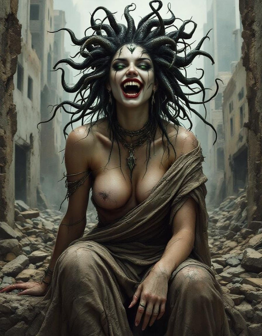Post-Apocalyptic Medusa with Viper Eyes, Oil Portrait Style