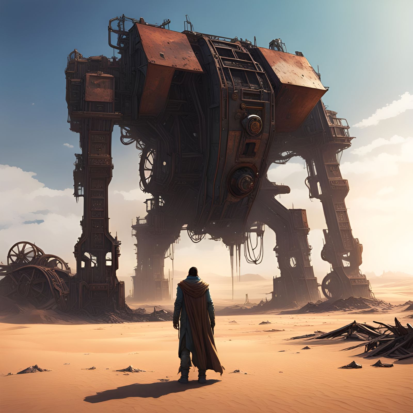 Post-Apocalyptic Wanderer in Rusted Wasteland