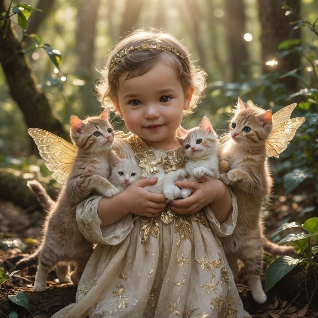 Ethereal Kittens Held by Baby in Gouache Style