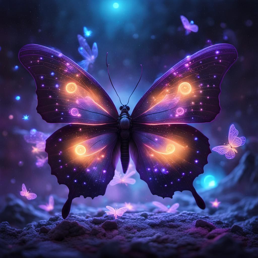 Neon Galaxy Butterfly with Bioluminescent Light