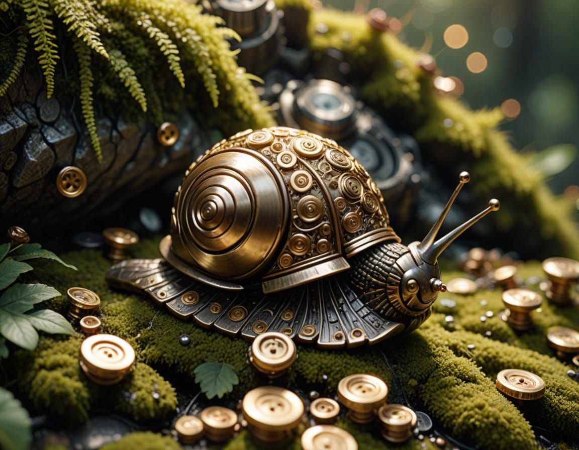 An ultra-detailed, photorealistic 4K shot of a robot snail made of golden buttons Professional photography, bokeh, natur...