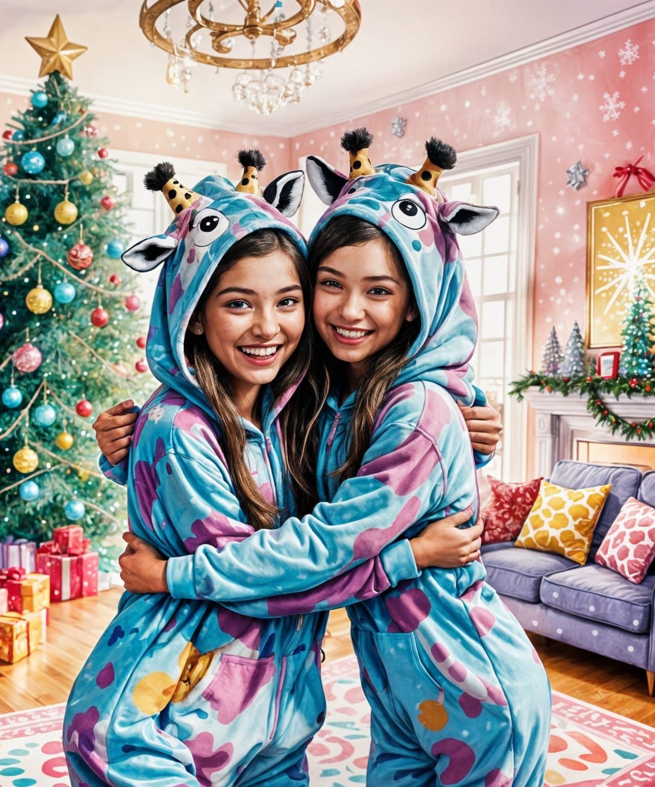 Laughter and Joyful Twins Pose for Christmas in Whimsical Gi...