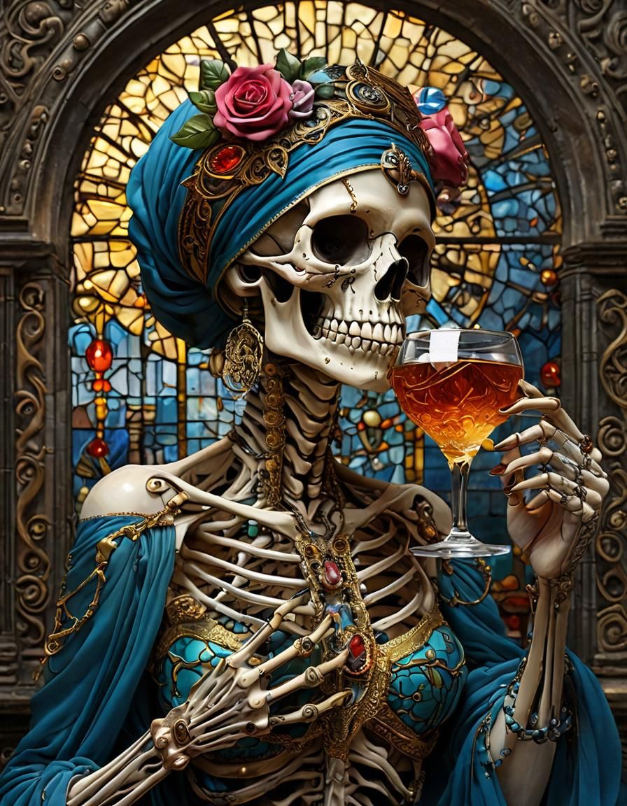 Skeleton Sipping Cocktail in Stained Glass Art