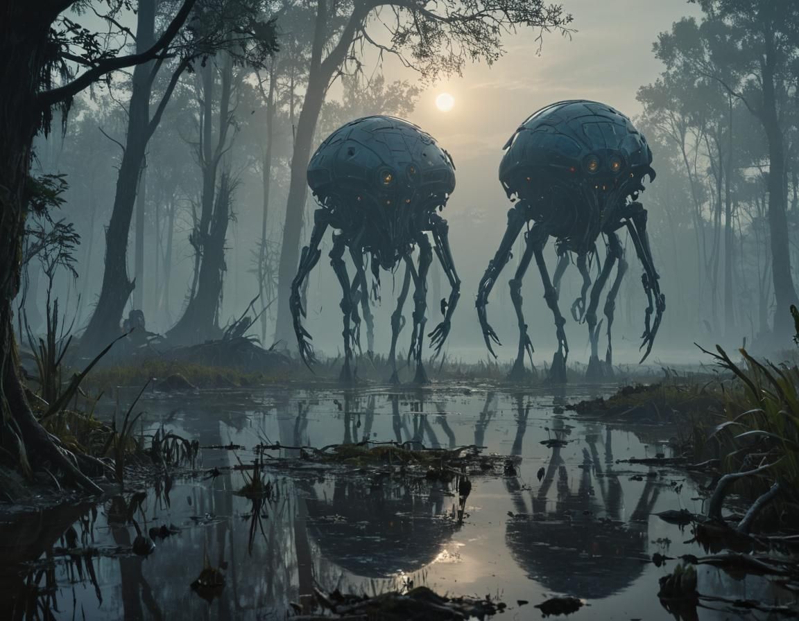 long legged alien machines  in a swamp