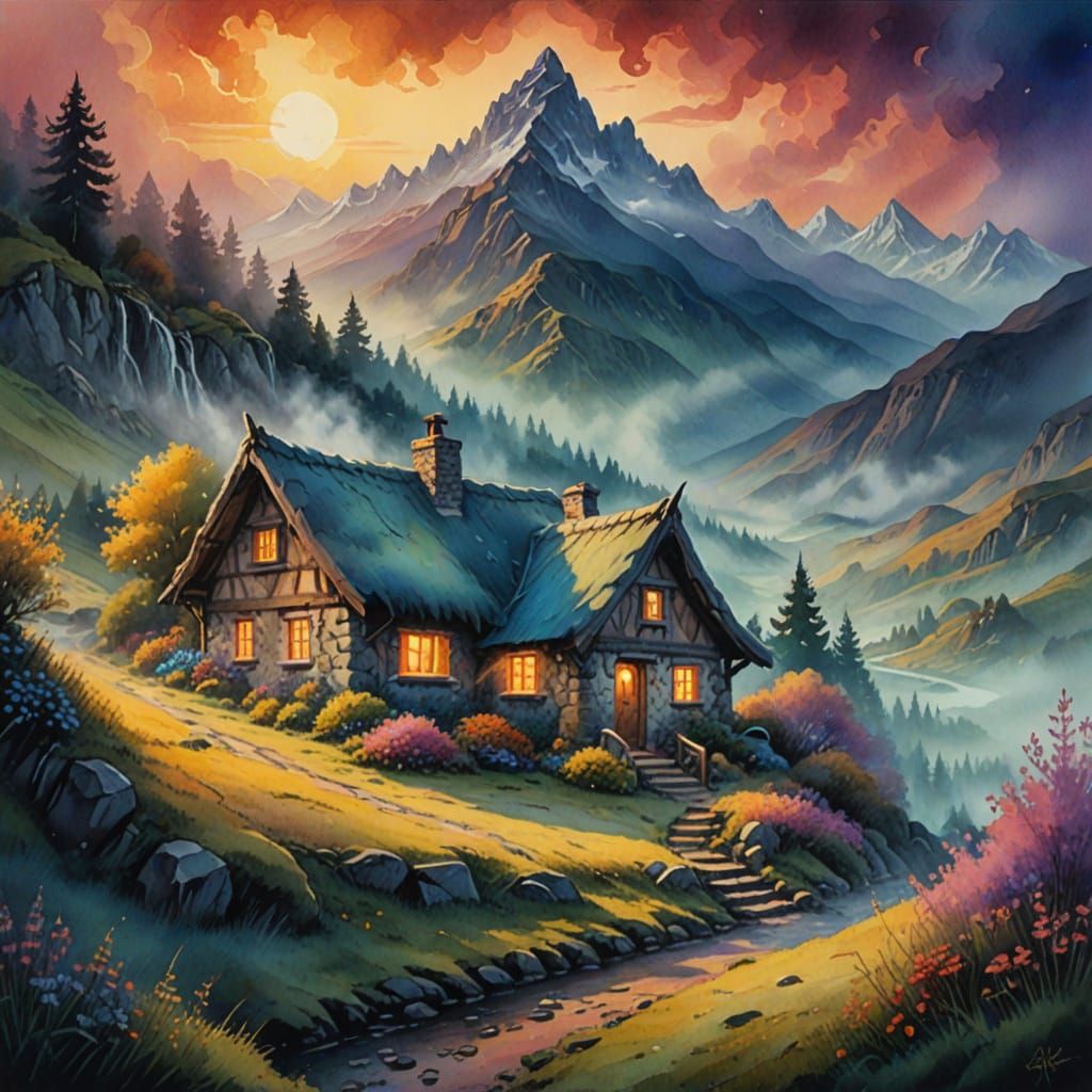 Ethereal Fantasy Cottage in Misty Mountains