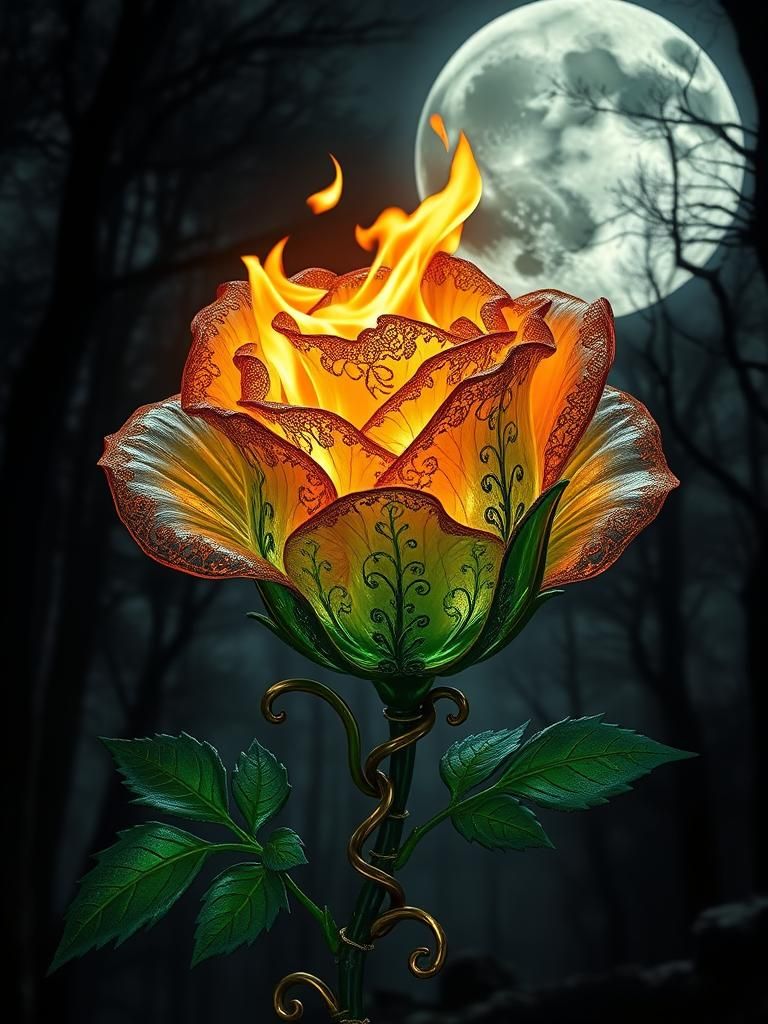 Ornate Glass Rose with Flame in Botanical Dark Art