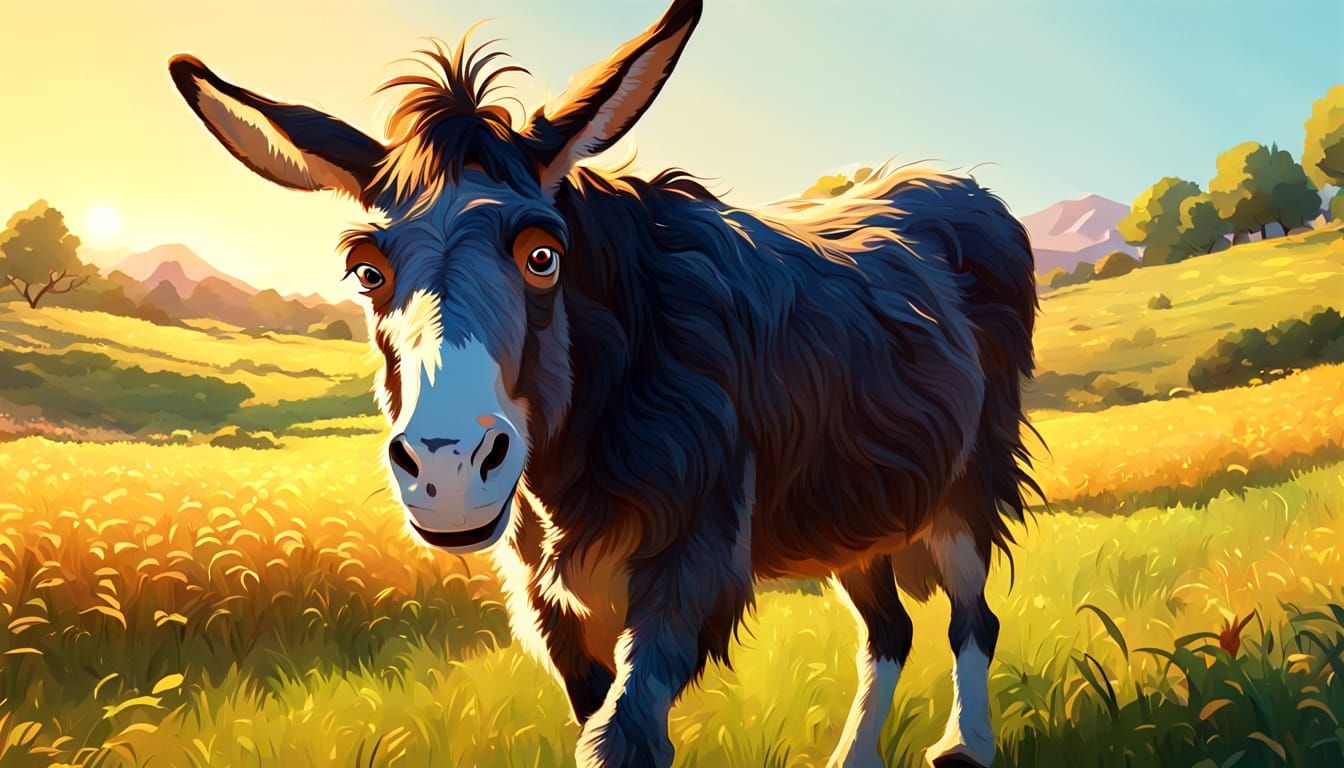 Smiling Mule in Sunny Field, Disney Cartoon Style